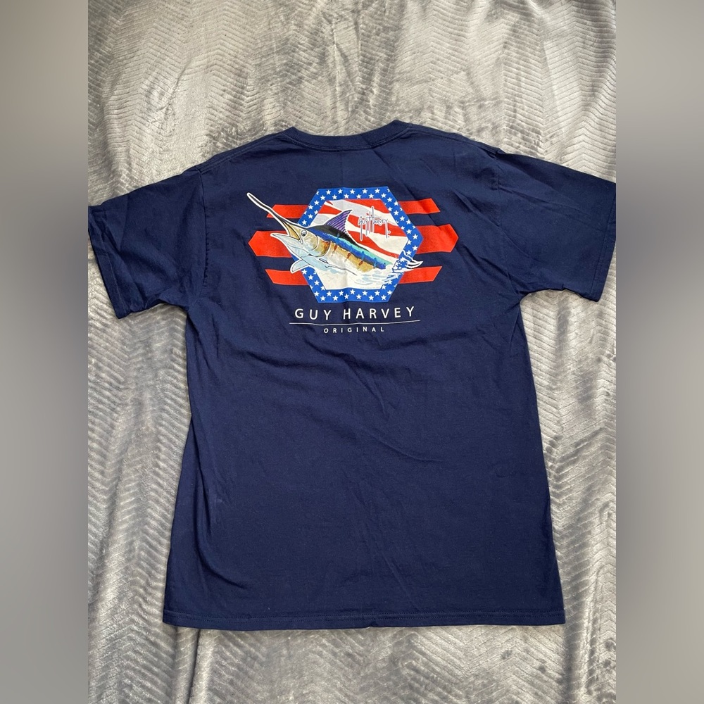 Guyโ Harvey Originals AFTCO Stars Stripes Fishing Pocket Tee Navy Blue Medium